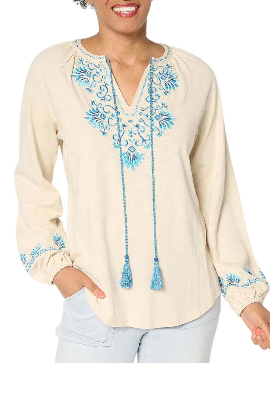 Bellisima by Kim Gravel Women's Mykonos MammaMia Embroidered Top Sand - Regular